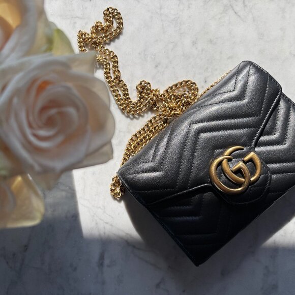 Gucci Handbags - Black Gucci GG Marmont Wallet on Chain Purse